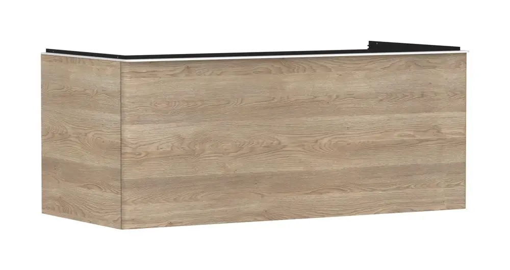 Waschtischunterschrank mit Holzoberfläche in Eichenoptik, ausgestattet mit einem Schubkasten. Teil der Hansgrohe Xelu-Serie für Konsolen-Aufsatzwaschtische.